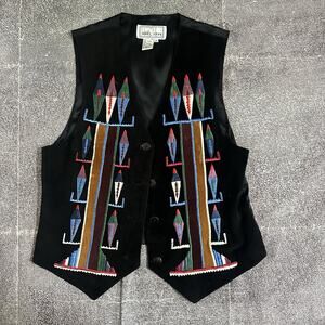 Women's Vintage 80's Erez Levy Black Suede Leather Tribal Aztec Boho Vest Sz M
